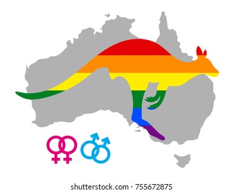 Lgbt flag in contour of Kangaroo. Same sex symbols. Rainbow flag in contour of Kangaroo. Contour of Australia continent. Vector illustration.
