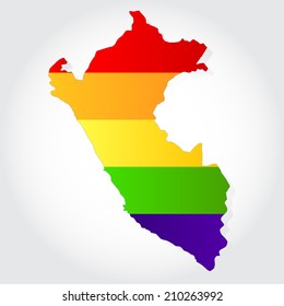 Lgbt flag  in contour of Peru with light grey background. Rainbow flag in contour of Peru