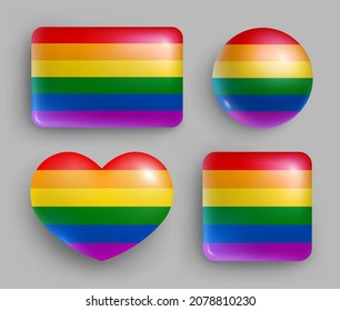 Lgbt flag of of different shapes in rainbow colors. Gay pride, transgender, lesbian community glass rainbow buttons, icons, stickers realistic vector illustration