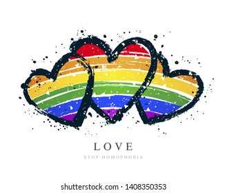 LGBT flag in the form of three hearts. Vector illustration on white background. Brush strokes drawn by hand. Stop homophobia.