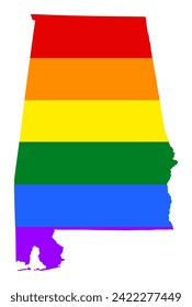 LGBT flag gay Alabama map vector silhouette illustration isolated on white background. United state of America country. Alabama rainbow flag. Lesbian and bisexual rights. Homosexual pride.