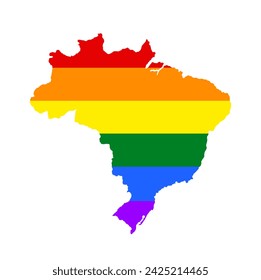 LGBT flag gay Brazil map vector silhouette illustration isolated on white background. South America country. Brazil rainbow flag. Lesbian and bisexual rights. Homosexual pride.