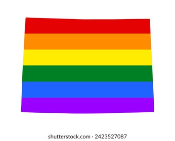 Bandera LGBT gay Colorado mapa gráfico ilustrativo de silueta aislado en fondo blanco. País de Estados Unidos. Bandera arco iris de Colorado. Derechos de lesbianas y bisexuales. Orgullo homosexual.