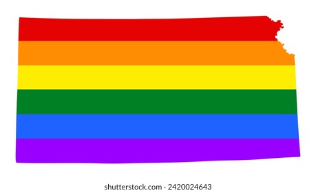 LGBT flag gay Kansas map vector silhouette illustration isolated on white background. United state of America country. Kansas rainbow flag. Lesbian and bisexual rights. Homosexual pride.