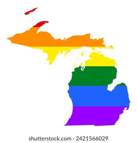 LGBT flag gay Michigan map vector silhouette illustration isolated on white background. United state of America country. Michigan rainbow flag. Lesbian and bisexual rights. Homosexual pride.