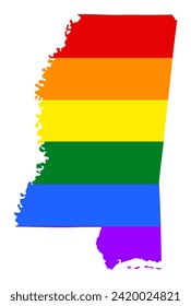 LGBT flag gay Mississippi map vector silhouette illustration isolated on white background. United state of America country. Mississippi rainbow flag. Lesbian and bisexual rights. Homosexual pride.