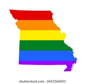 LGBT flag gay Missouri map vector silhouette illustration isolated on white background. United state of America country. Missouri rainbow flag. Lesbian and bisexual rights. Homosexual pride.