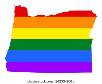 LGBT flag gay Oregon map vector silhouette illustration isolated on white background. United state of America country. Oregon rainbow flag. Lesbian and bisexual rights. Homosexual pride.