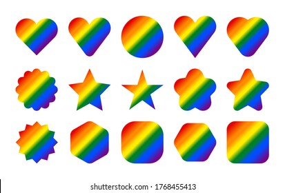 LGBT flag. Gradient fill. Rainbow colors. Heart, star, circle, hexagon, square shapes. Set of signs for use in LGBTQI Pride Event, LBGT Pride Month or Gay Pride Symbol. LGBTQ+ Vector illustration