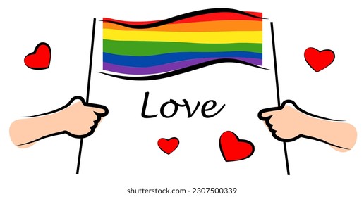 Lgbt flag in hands. Rainbow Phage. Unisexual love. Vector illustration in doodle style