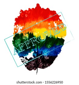 LGBT flag, hazel leaf with stamp approved, imprint

