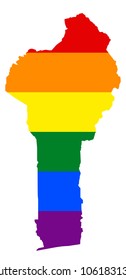 LGBT flag map of Benin. Vector rainbow map of Benin in colors of LGBT (lesbian, gay, bisexual, and transgender) pride flag.