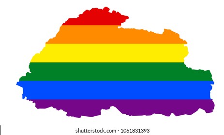 LGBT flag map of Bhutan. Vector rainbow map of Bhutan in colors of LGBT (lesbian, gay, bisexual, and transgender) pride flag.