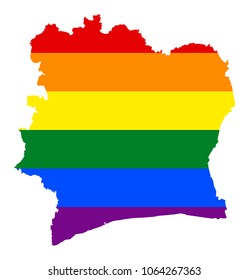 LGBT flag map of Cote d'Ivoire. Vector rainbow map of Cote d'Ivoire in colors of LGBT (lesbian, gay, bisexual, and transgender) pride flag.