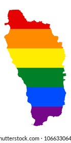 LGBT flag map of Dominica. Vector rainbow map of Dominica in colors of LGBT (lesbian, gay, bisexual, and transgender) pride flag.