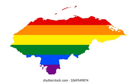 LGBT flag map of Honduras. Vector rainbow map of Honduras in colors of LGBT (lesbian, gay, bisexual, and transgender) pride flag.