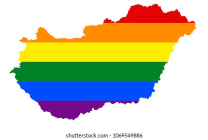 LGBT flag map of Hungary. Vector rainbow map of Hungary in colors of LGBT (lesbian, gay, bisexual, and transgender) pride flag.