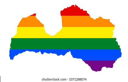 LGBT flag map of Latvia. Vector rainbow map of Latvia in colors of LGBT (lesbian, gay, bisexual, and transgender) pride flag.