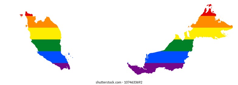LGBT flag map of Malaysia. Vector rainbow map of Malaysia in colors of LGBT (lesbian, gay, bisexual, and transgender) pride flag.