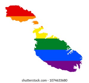 LGBT flag map of Malta. Vector rainbow map of Malta in colors of LGBT (lesbian, gay, bisexual, and transgender) pride flag.