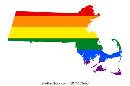 LGBT flag map of Massachusetts. Vector rainbow map of Massachusetts in colors of LGBT (lesbian, gay, bisexual, and transgender) pride flag.