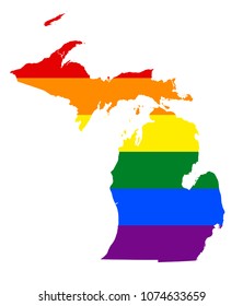 LGBT flag map of Michigan. Vector rainbow map of Michigan in colors of LGBT (lesbian, gay, bisexual, and transgender) pride flag.