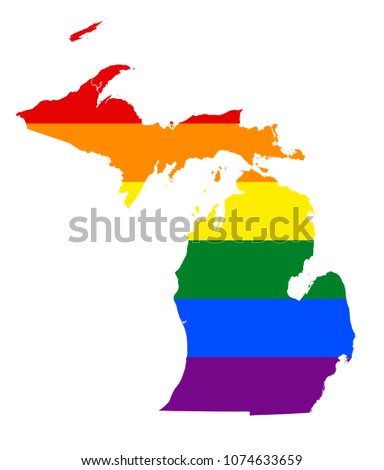 LGBT flag map of Michigan. Vector rainbow map of Michigan in colors of LGBT (lesbian, gay, bisexual, and transgender) pride flag.