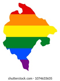 LGBT flag map of Montenegro. Vector rainbow map of Montenegro in colors of LGBT (lesbian, gay, bisexual, and transgender) pride flag.