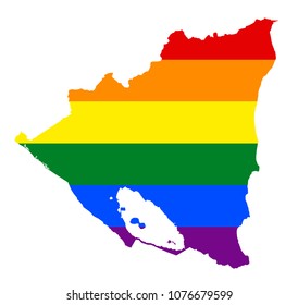 LGBT flag map of Nicaragua. Vector rainbow map of Nicaragua in colors of LGBT (lesbian, gay, bisexual, and transgender) pride flag.
