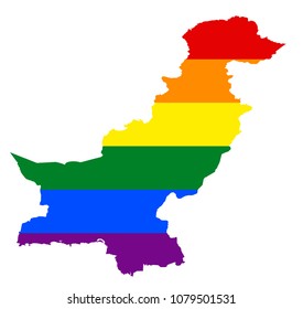 LGBT flag map of Pakistan. Vector rainbow map of Pakistan in colors of LGBT (lesbian, gay, bisexual, and transgender) pride flag.