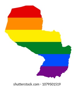 LGBT flag map of Paraguay. Vector rainbow map of Paraguay in colors of LGBT (lesbian, gay, bisexual, and transgender) pride flag.