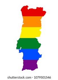 LGBT flag map of Portugal. Vector rainbow map of Portugal in colors of LGBT (lesbian, gay, bisexual, and transgender) pride flag.