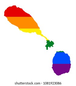 LGBT flag map of Saint Kitts and Nevis. Vector rainbow map of Saint Kitts and Nevis in colors of LGBT (lesbian, gay, bisexual, and transgender) pride flag.