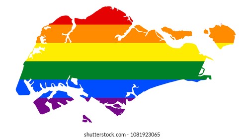 LGBT flag map of Singapore. Vector rainbow map of Singapore in colors of LGBT (lesbian, gay, bisexual, and transgender) pride flag.