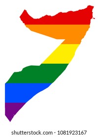 LGBT flag map of Somalia. Vector rainbow map of Somalia in colors of LGBT (lesbian, gay, bisexual, and transgender) pride flag.