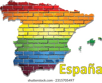 LGBT flag map of Spain on a brick wall - Illustration