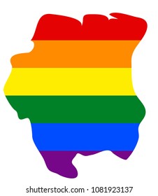 LGBT flag map of Suriname. Vector rainbow map of Suriname in colors of LGBT (lesbian, gay, bisexual, and transgender) pride flag.