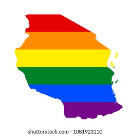 LGBT flag map of Tanzania. Vector rainbow map of Tanzania in colors of LGBT (lesbian, gay, bisexual, and transgender) pride flag.