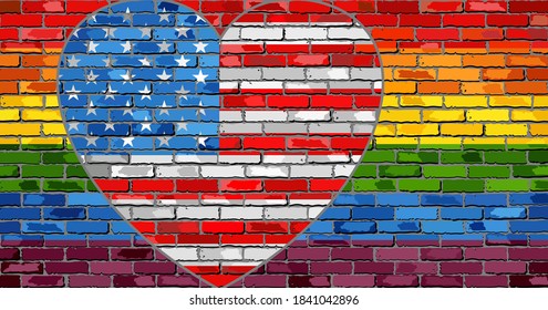 LGBT flag on a brick wall with the USA heart - Illustration, 
Abstract grunge United States of America flag and LGBT flag