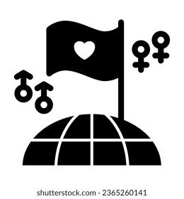 LGBT flag on top of planet earth solid icon, LGBT concept, sex minorities on Earth sign on white background, World globe with homosexual signs and flag icon in glyph style. Vector graphics