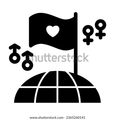 LGBT flag on top of planet earth solid icon, LGBT concept, sex minorities on Earth sign on white background, World globe with homosexual signs and flag icon in glyph style. Vector graphics