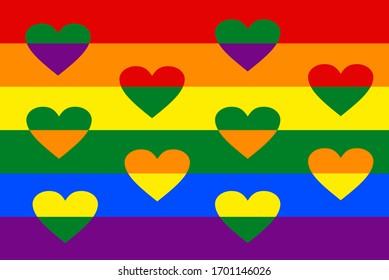 Bandera LGBT con corazones superpuestos entre tiras arco iris. Colores vivos del espectro. Movimiento de lesbianas, gays, bisexuales y transexuales. Diseño de vectores