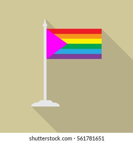 LGBT flag with pink triangle with flagpole flat icon with long shadow. Vector illustration EPS10 of a rainbow pride flag.