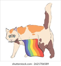 lgbt flag, pride month. cat holds rainbow flag in teeth. human rights. funny cute illustration. social. vector drawing. hand drawn. design for stickers, clothes, sketchbooks, cups.