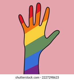 LGBT flag and raised hand. Open hand. Rainbow flag. Vector illustration