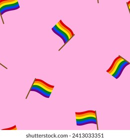 LGBT flag seamless pattern. Rainbow flags on pink background. LGBT community or pride month theme. Vector illustration. 