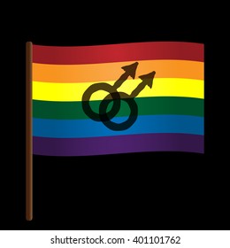 LGBT flag with the shaft and distorted transparent male symbols on black background