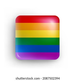 Lgbt flag of square shape in rainbow colors. Love wins. Gay pride, transgender, lesbian community glass button, icon, sticker realistic vector illustration