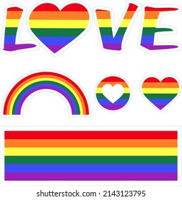 Bandera LGBT estilizada con forma de corazón, texto y arcoiris. Pegatinas vectoriales. Símbolos del amor entre personas del mismo sexo 