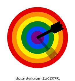 LGBT flag as target is hit by arrow - attack and assault based on homosexual sexual orientation and homosexuality. Vector illustration isolated on white.